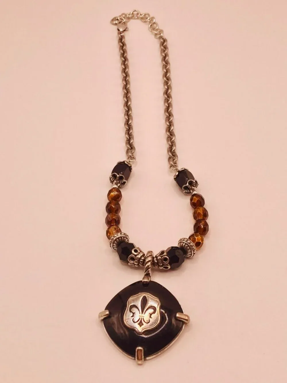 Brighton Black Onyx Brown Beaded Fleur De Lis Pendant Necklace -40B